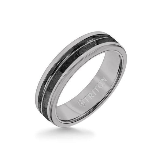 6MM Grey Tungsten Carbide Ring - Chevron Black Titanium Insert with Round Edge