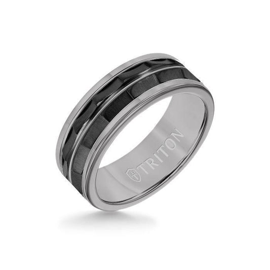 8MM Grey Tungsten Carbide Ring - Chevron Black Titanium Insert with Round Edge