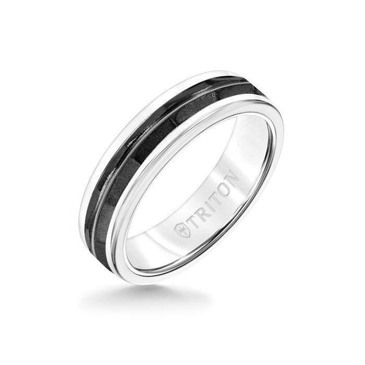 6MM White Tungsten Carbide Ring - Chevron Black Titanium Insert with Round Edge