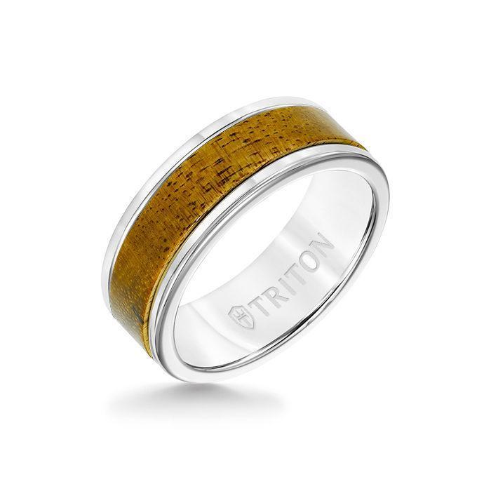 8MM White Tungsten Carbide Ring - Wood Insert with Round Edge