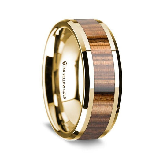 14K Yellow Gold Polished Beveled Edges Men's Wedding Band with Zebra Wood Inlay - 8 mm - Thorsten Rings