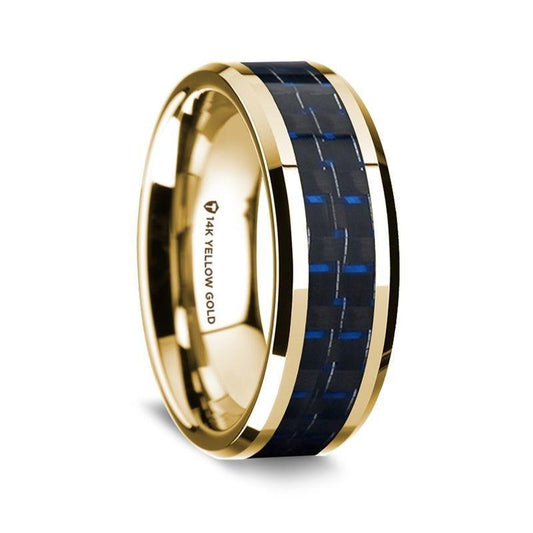 14K Yellow Gold Polished Beveled Edges Wedding Ring with Black and Dark Blue Carbon Fiber Inlay - 8 mm