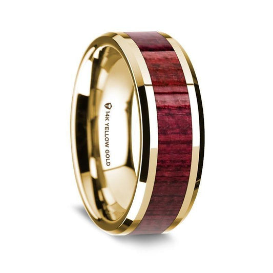 14K Yellow Gold Polished Beveled Edges Wedding Ring with Purpleheart Wood Inlay - 8 mm