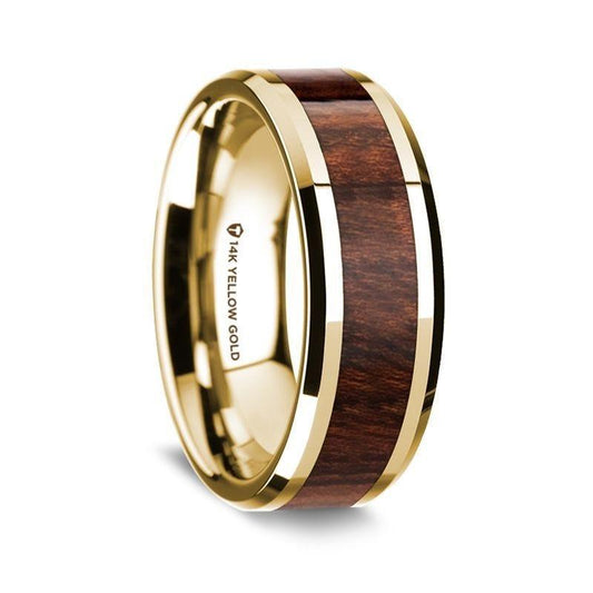 14K Yellow Gold Polished Beveled Edges Wedding Ring with Carpathian Wood Inlay - 8 mm