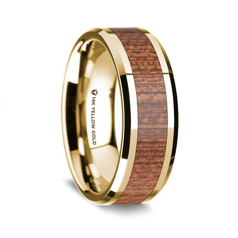 14K Yellow Gold Polished Beveled Edges Men's Wedding Band with Cherry Wood Inlay - 8 mm - Thorsten Rings