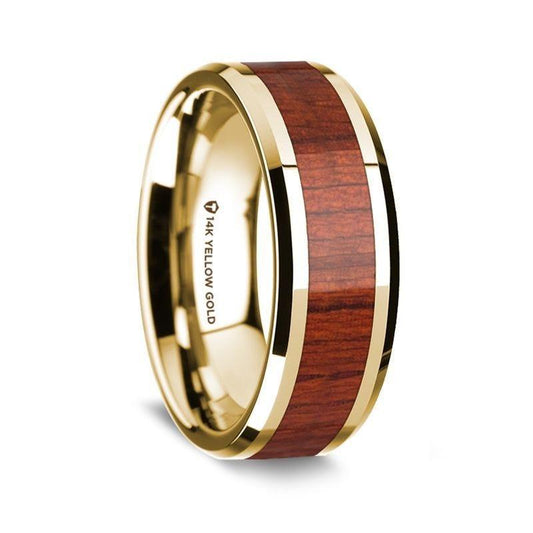 14K Yellow Gold Polished Beveled Edges Men's Wedding Band with Padauk Wood Inlay - 8 mm - Thorsten Rings