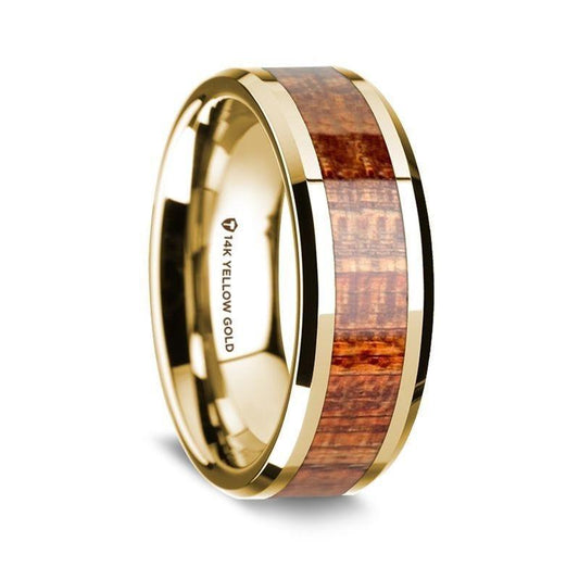 14K Yellow Gold Polished Beveled Edges Men's Wedding Band with Mahogany Wood Inlay - 8 mm - Thorsten Rings