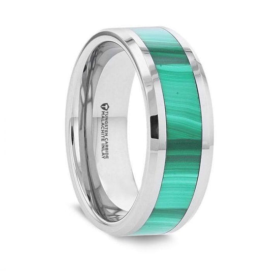 MAHI Malachite Inlay Tungsten Carbide Ring with Polished Beveled Edges - 8mm - Thorsten Rings