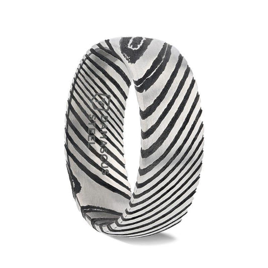 STARK Black Domed Brushed Damascus Steel Men's Wedding Band with Vivid Etched Design- 6mm & 8mm - Thorsten Rings