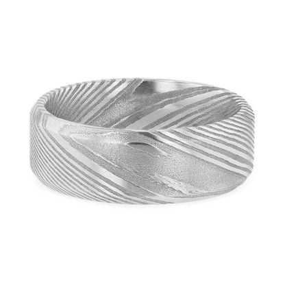 GHOST Grey Damascus Steel Brushed Beveled Men's Wedding Band with Repeating Artisan Pattern - 6mm & 8mm