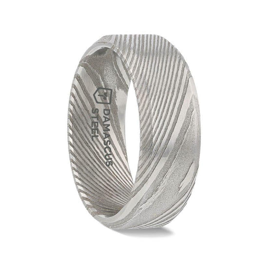 GHOST Grey Damascus Steel Brushed Beveled Men's Wedding Band with Repeating Artisan Pattern - 6mm & 8mm - Thorsten Rings