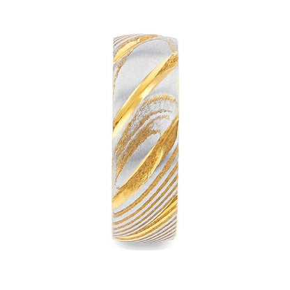 CERSEI Gold Color Domed Brushed Damascus Steel Men's Wedding Band with Vivid Etched Design - 6mm & 8mm
