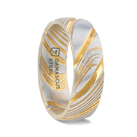 CERSEI Gold Color Domed Brushed Damascus Steel Men's Wedding Band with Vivid Etched Design - 6mm & 8mm - Thorsten Rings