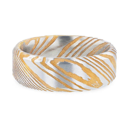 JOFFREY Gold Color Damascus Steel Brushed Beveled Men's Wedding Band with Repeating Artisan Pattern - 6mm & 8mm