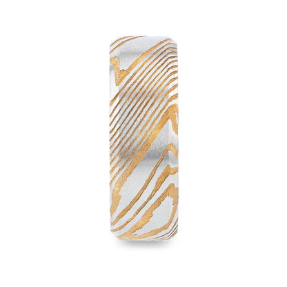 JOFFREY Gold Color Damascus Steel Brushed Beveled Men's Wedding Band with Repeating Artisan Pattern - 6mm & 8mm