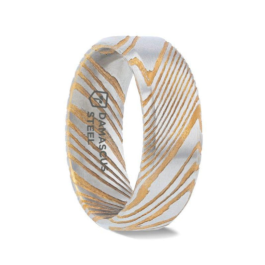 JOFFREY Gold Color Damascus Steel Brushed Beveled Men's Wedding Band with Repeating Artisan Pattern - 6mm & 8mm - Thorsten Rings