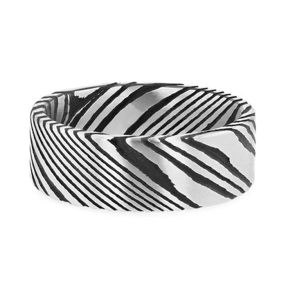 HANZO Black Flat Brushed Damascus Steel Men's Wedding Band with Vivid Etched Design- 6mm & 8mm