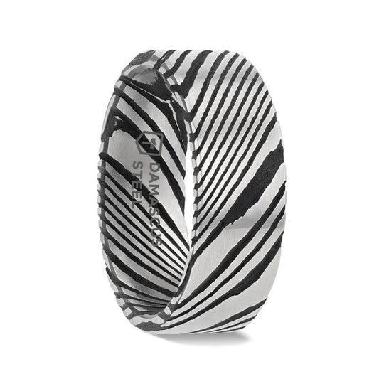 HANZO Black Flat Brushed Damascus Steel Men's Wedding Band with Vivid Etched Design- 6mm & 8mm - Thorsten Rings