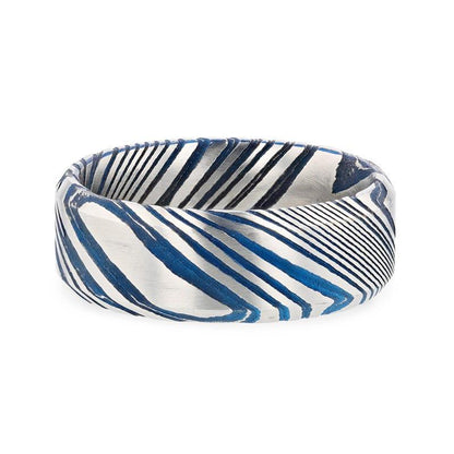 BISMAN Blue Beveled Brushed Damascus Steel Men's Wedding Band with A Vivid Etched Design - 6mm & 8mm