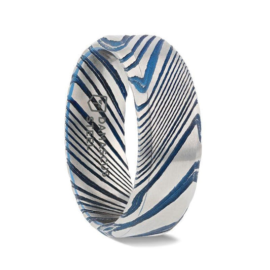 BISMAN Blue Beveled Brushed Damascus Steel Men's Wedding Band with A Vivid Etched Design - 6mm & 8mm - Thorsten Rings