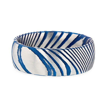 EARL Blue Domed Brushed Damascus Steel Men's Wedding Band with Vivid Etched Design - 6mm & 8mm