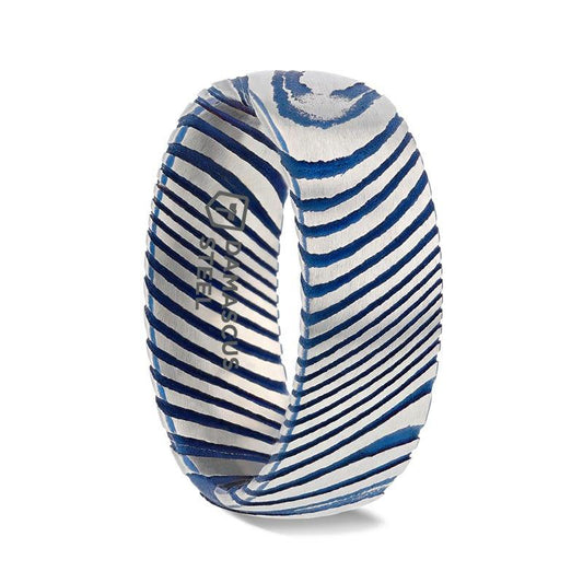 EARL Blue Domed Brushed Damascus Steel Men's Wedding Band with Vivid Etched Design - 6mm & 8mm - Thorsten Rings