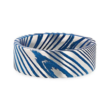 DUKE Blue Flat Brushed Damascus Steel Men's Wedding Band with Vivid Etched Design - 6mm & 8mm