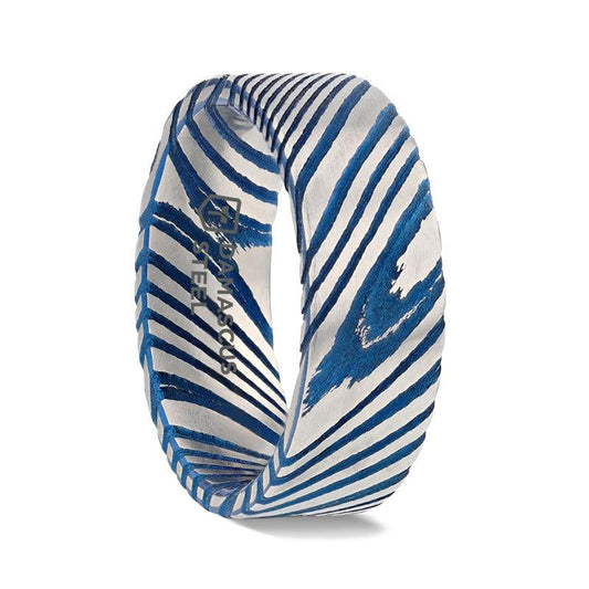 DUKE Blue Flat Brushed Damascus Steel Men's Wedding Band with Vivid Etched Design - 6mm & 8mm - Thorsten Rings