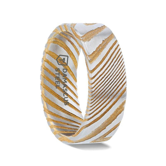 BISHOP Gold Color Flat Brushed Damascus Steel Men's Wedding Band with Vivid Etched Design - 6mm & 8mm - Thorsten Rings