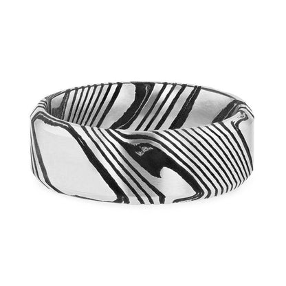 MELVIN Black Damascus Steel Brushed Beveled Men's Wedding Band with Repeating Artisan Pattern - 6mm & 8mm