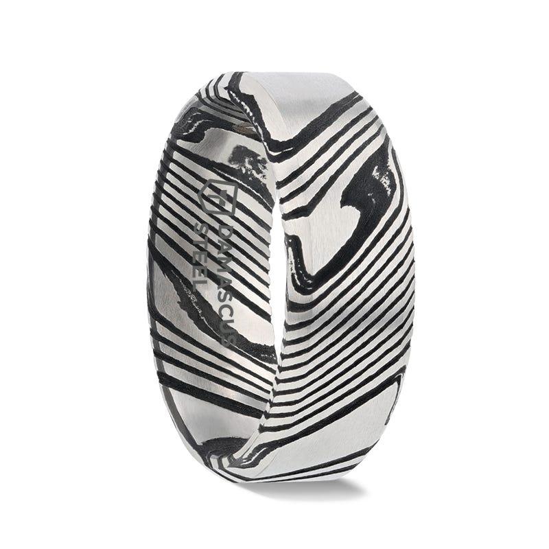 MELVIN Black Damascus Steel Brushed Beveled Men's Wedding Band with Repeating Artisan Pattern - 6mm & 8mm - Thorsten Rings