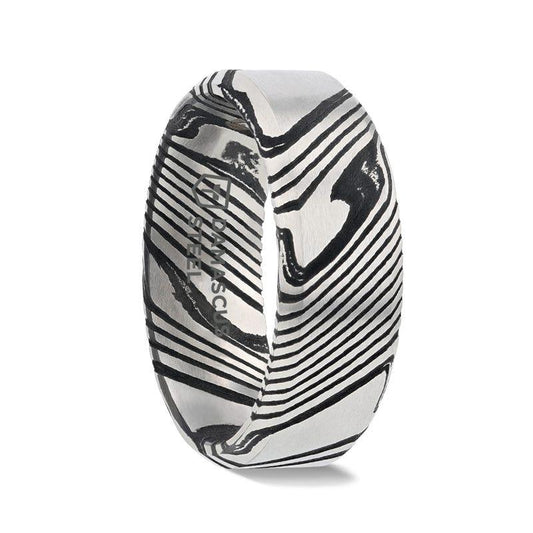 MELVIN Black Damascus Steel Brushed Beveled Men's Wedding Band with Repeating Artisan Pattern - 6mm & 8mm - Thorsten Rings