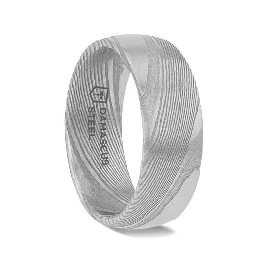 THEON Domed Brushed Damascus Steel Men's Wedding Band with A Vivid Etched Design - 6mm & 8mm - Thorsten Rings