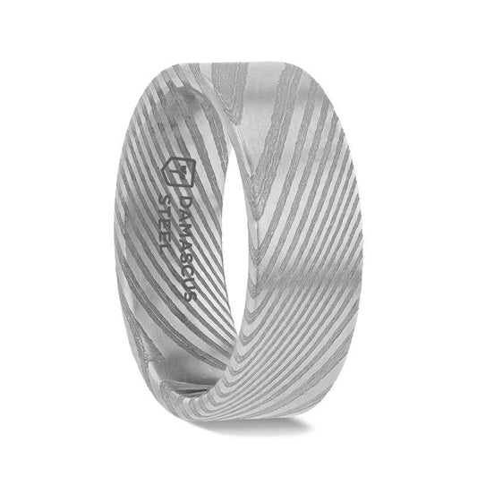 XANDER Grey Flat Brushed Damascus Steel Men's Wedding Band with Vivid Etched Design - 6mm & 8mm - Thorsten Rings