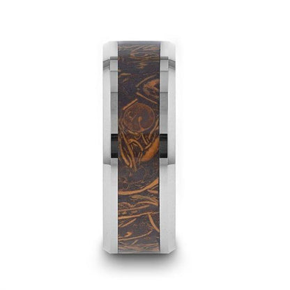 ABBA Men's Polished Tungsten Wedding Band with Sanskrit Stone Inlay Polished Beveled Edges - 8mm