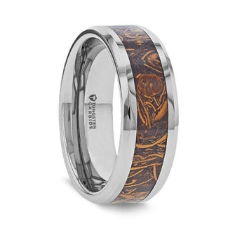 ABBA Men's Polished Tungsten Wedding Band with Sanskrit Stone Inlay Polished Beveled Edges - 8mm - Thorsten Rings