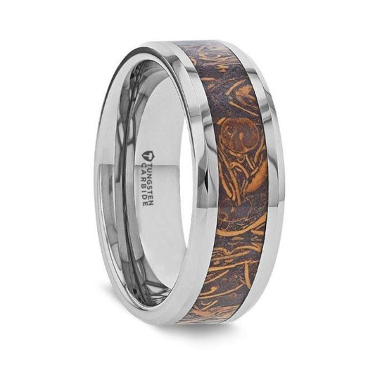 ABBA Men's Polished Tungsten Wedding Band with Sanskrit Stone Inlay Polished Beveled Edges - 8mm - Thorsten Rings