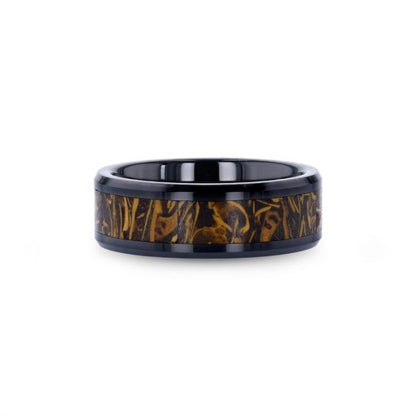 SAHARA Men's Black Ceramic Wedding Band with Sanskrit Stone Inlay & Polished Beveled Edges - 8mm