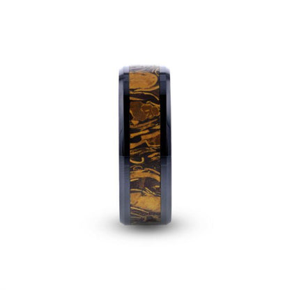 SAHARA Men's Black Ceramic Wedding Band with Sanskrit Stone Inlay & Polished Beveled Edges - 8mm