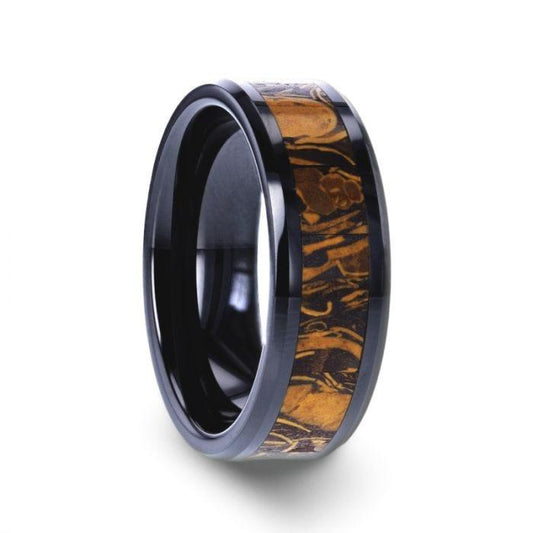 SAHARA Men's Black Ceramic Wedding Band with Sanskrit Stone Inlay & Polished Beveled Edges - 8mm - Thorsten Rings