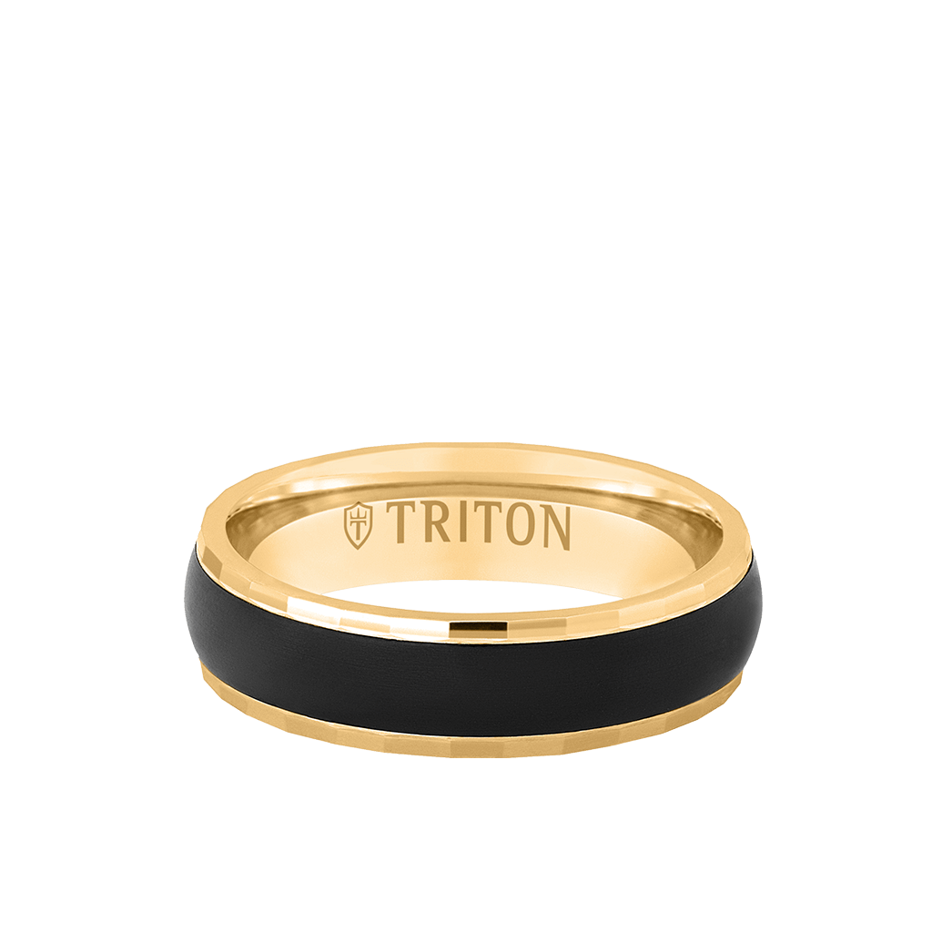 6MM 14k Gold Ring + Black Titanium Inlay with Dome Profile and Faceted Edge