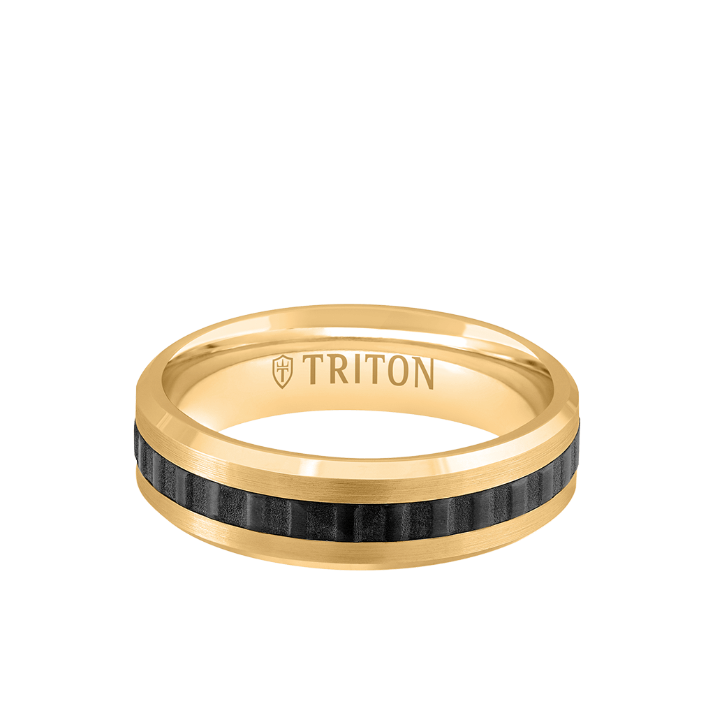 6MM 14k Gold Ring + Black Titanium Accordion Inlay with Bevel Edge