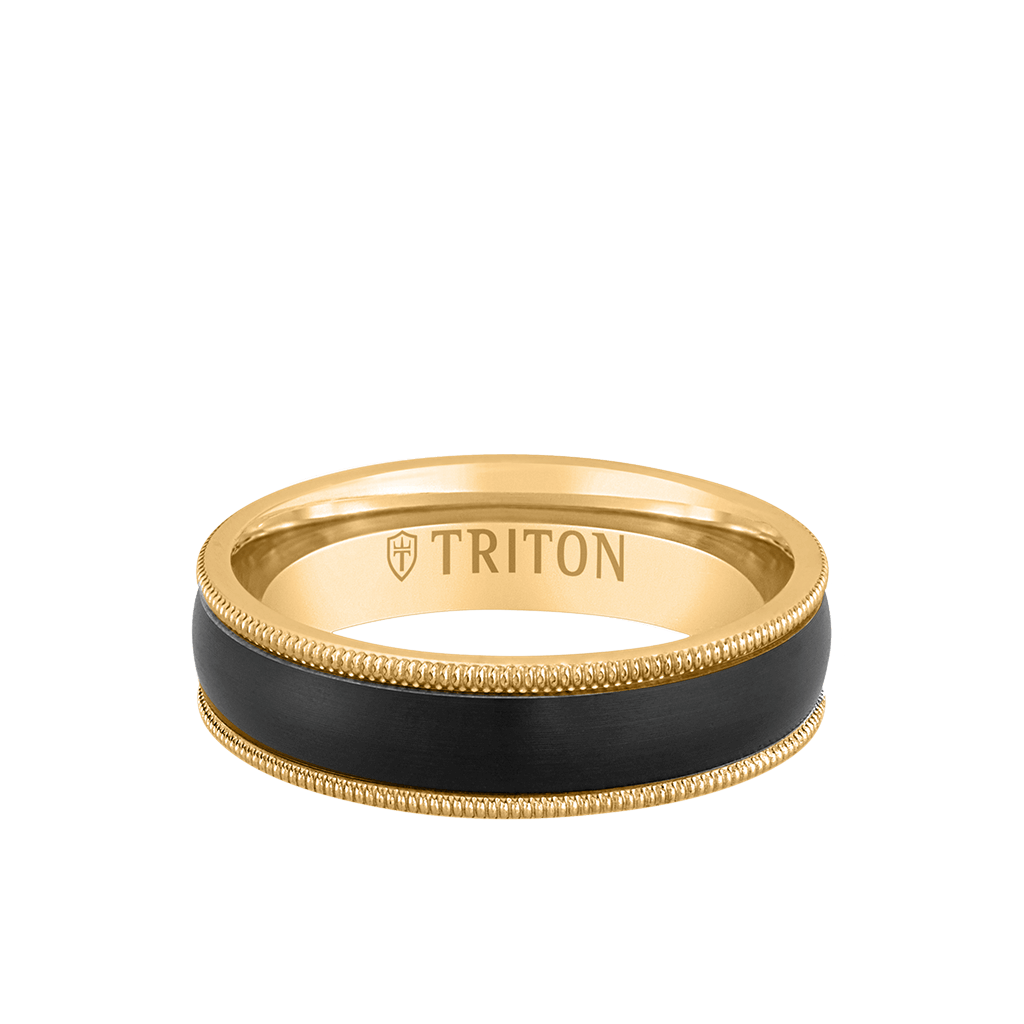 6MM 14k Gold Ring + Black Titanium Inlay with Milgrain Edge