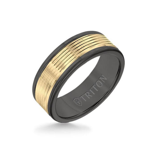 8MM Black Tungsten Carbide Ring - Serrated Engraved 14K Yellow Insert with Round Edge
