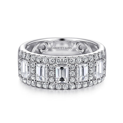 Wide 14K White Gold Emerald Cut and Round Diamond Anniversary Band