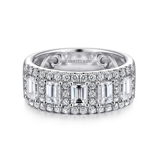 Wide 14K White Gold Emerald Cut and Round Diamond Anniversary Band