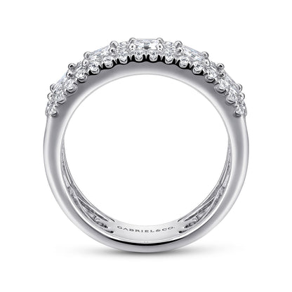 Wide 14K White Gold Emerald Cut and Round Diamond Anniversary Band