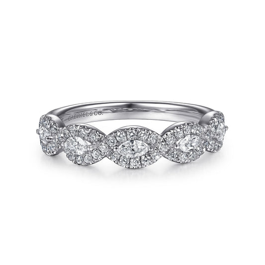 14K White Gold Round and Marquise Halo Station Diamond Anniversary Band