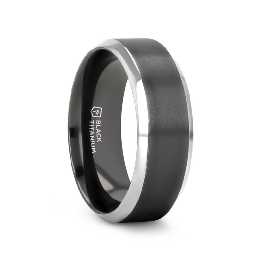 ATNOS Brushed Black Center Polished Beveled Edges Men's Titanium Wedding Ring - 6mm & 8mm