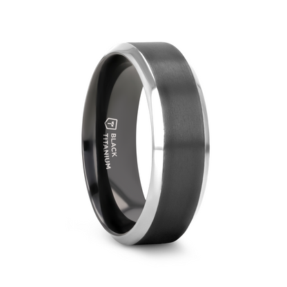 ATNOS Brushed Black Center Polished Beveled Edges Men's Titanium Wedding Ring - 6mm & 8mm